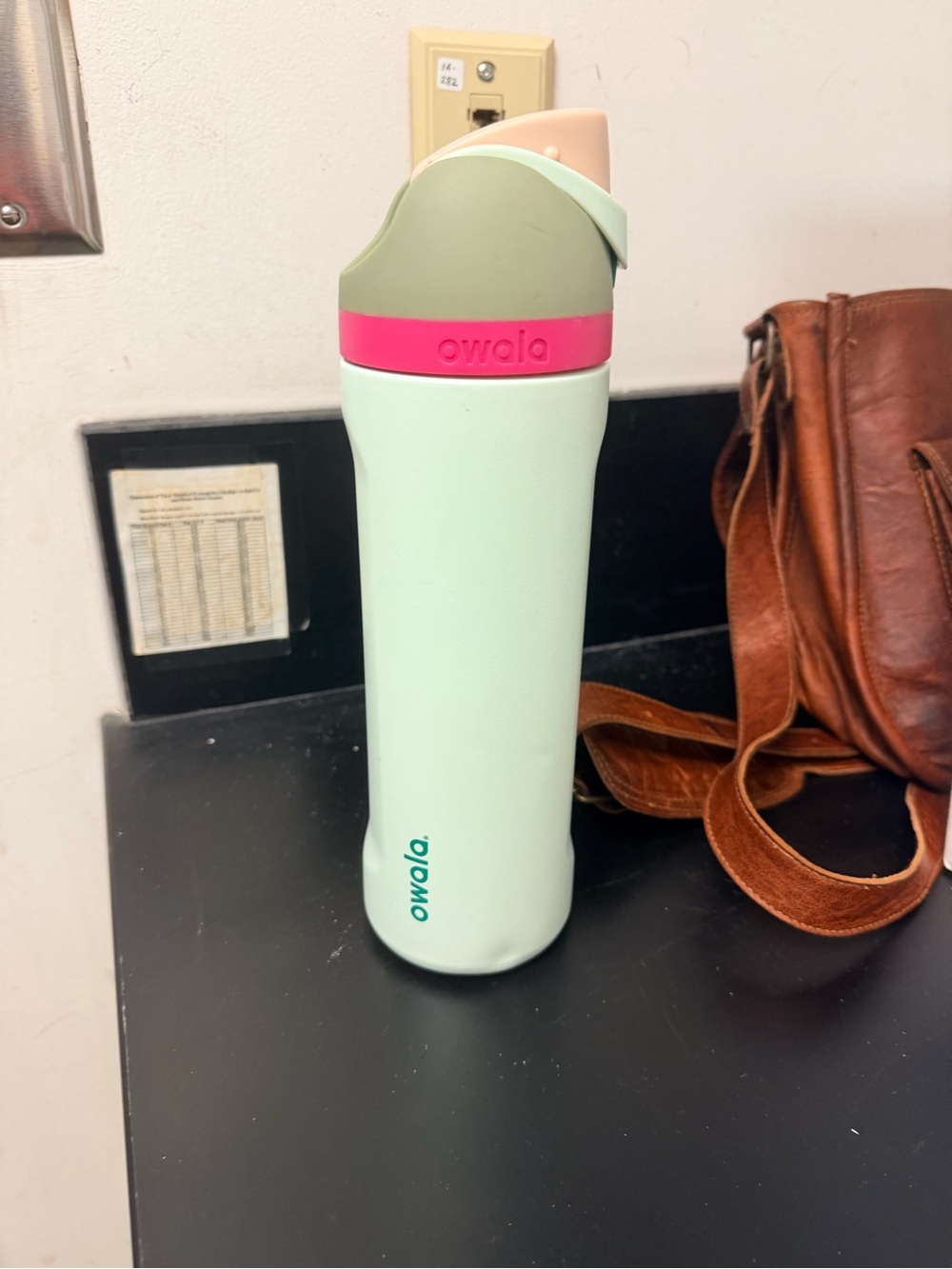 24 oz. "Owala" Mint Green Stainless Steel Water Bottle w/Pink/Green Accent GUC